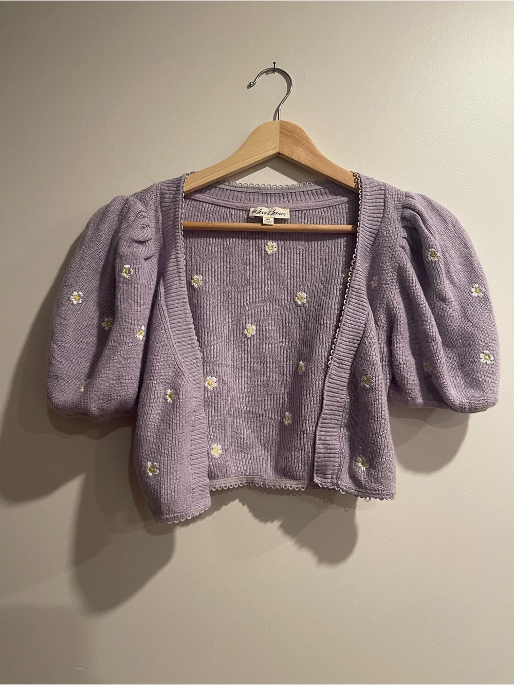 For Love And Lemons Lavender Daisy Cropped Puff-Sleeve Cardigan